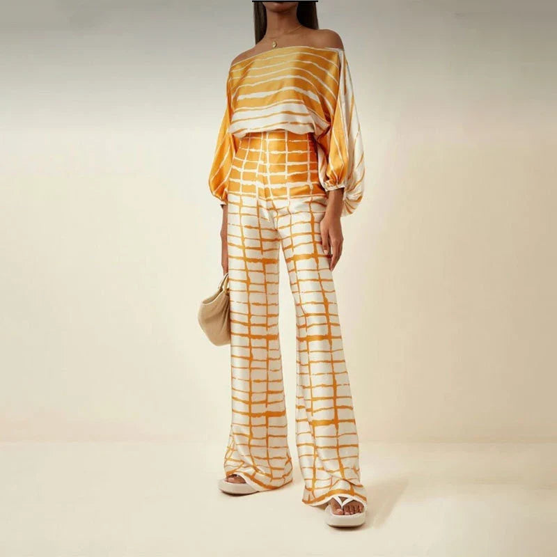 Todelt off-shoulder sæt med bølgeprint
