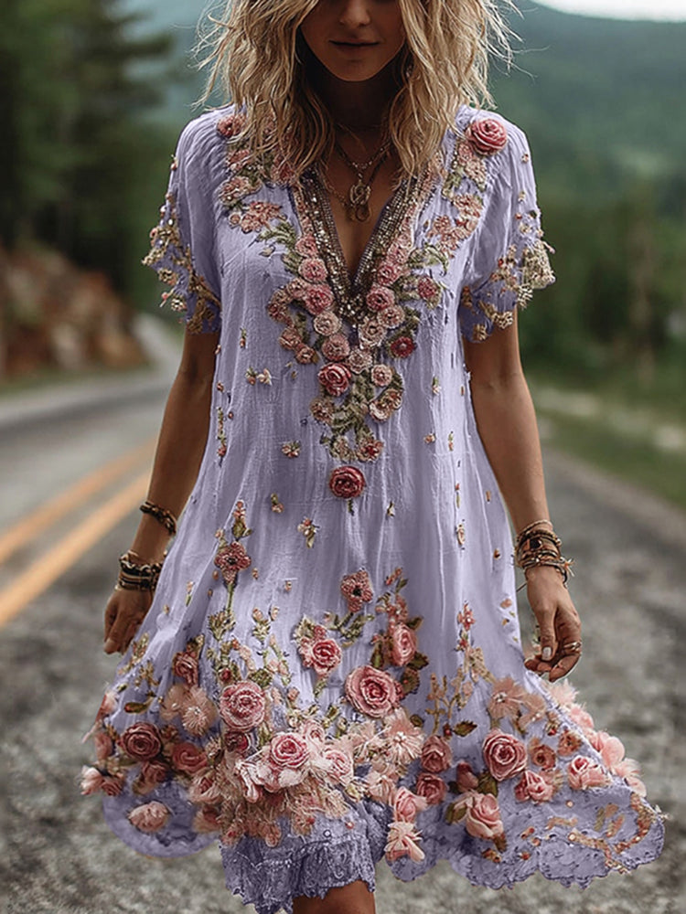 Isabella vintage kjole med blomsterbroderi
