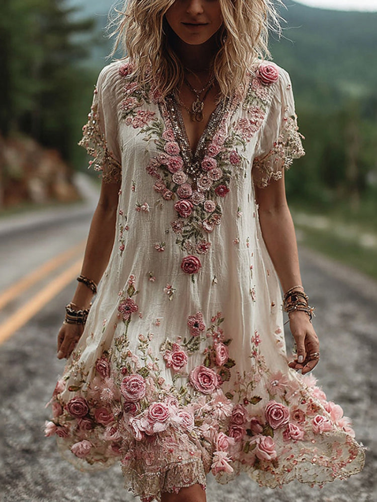 Isabella vintage kjole med blomsterbroderi