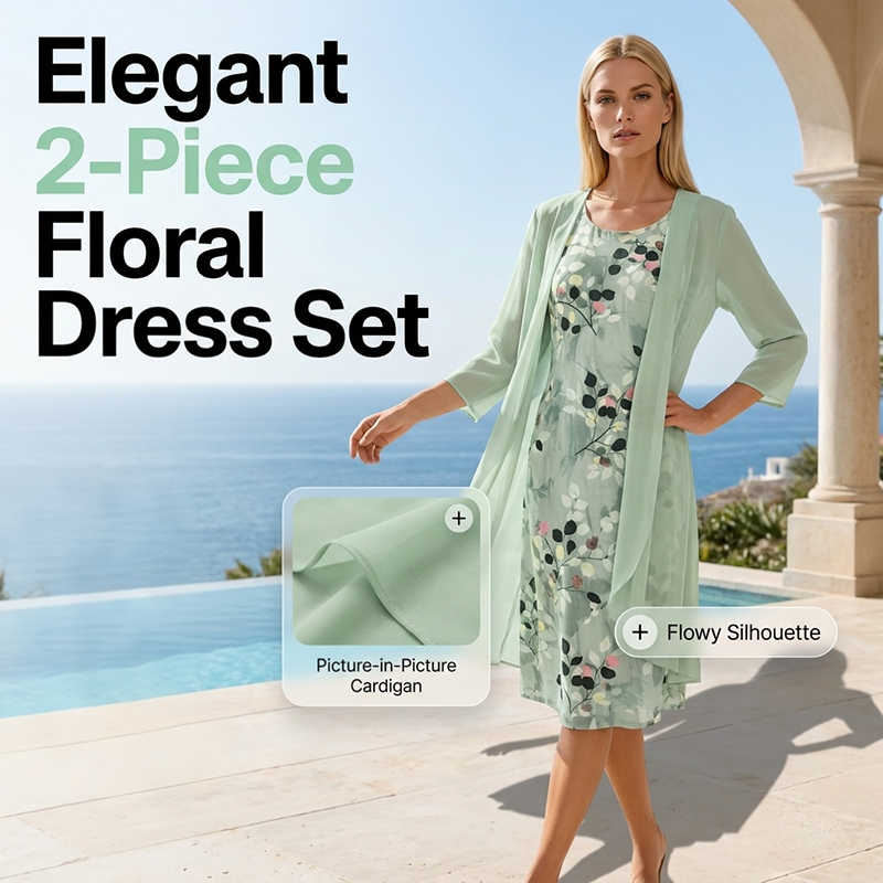 Livia elegant 2-delt chiffonkjole med cardigan