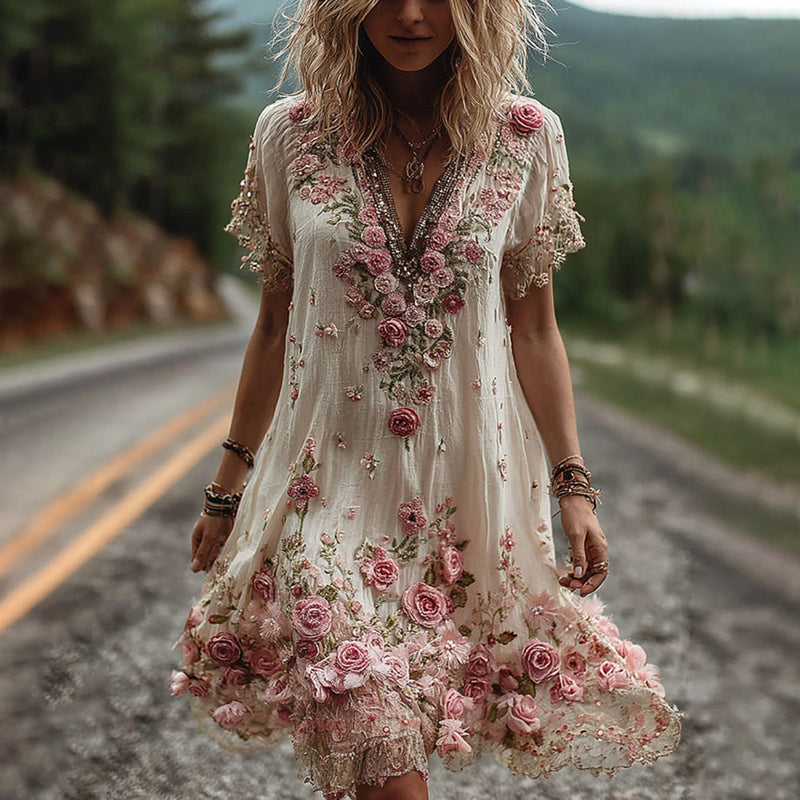 Isabella vintage kjole med blomsterbroderi