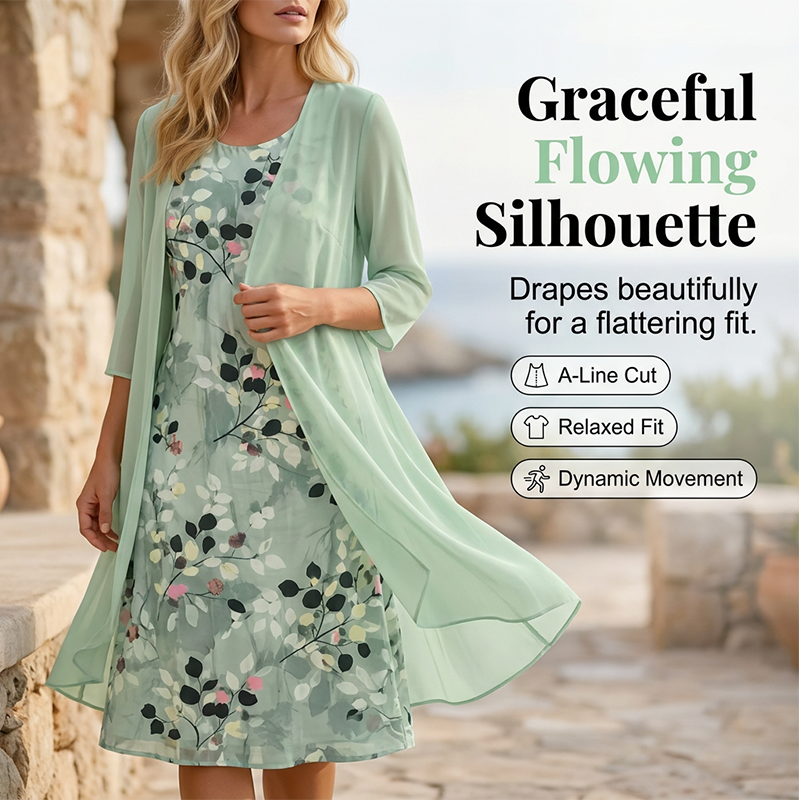 Livia elegant 2-delt chiffonkjole med cardigan