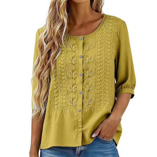 Freja | Åndbar bluse i bomuld og linned med broderi