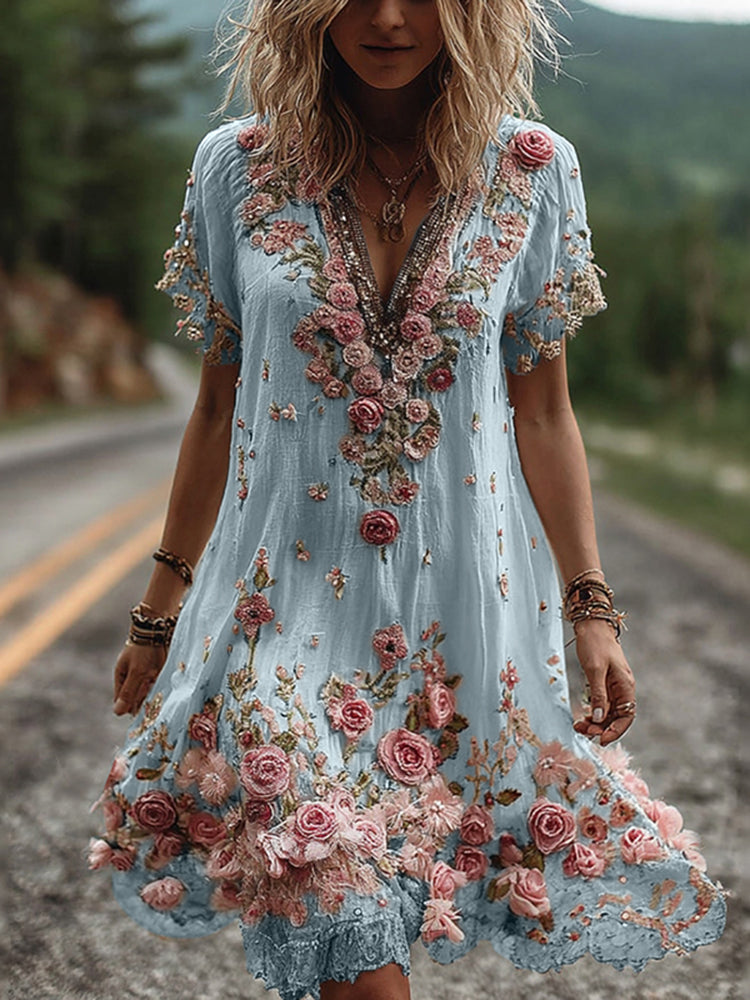Isabella vintage kjole med blomsterbroderi