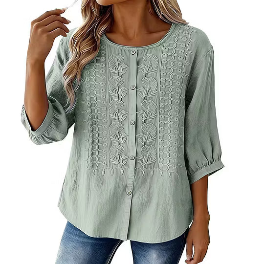 Freja | Åndbar bluse i bomuld og linned med broderi