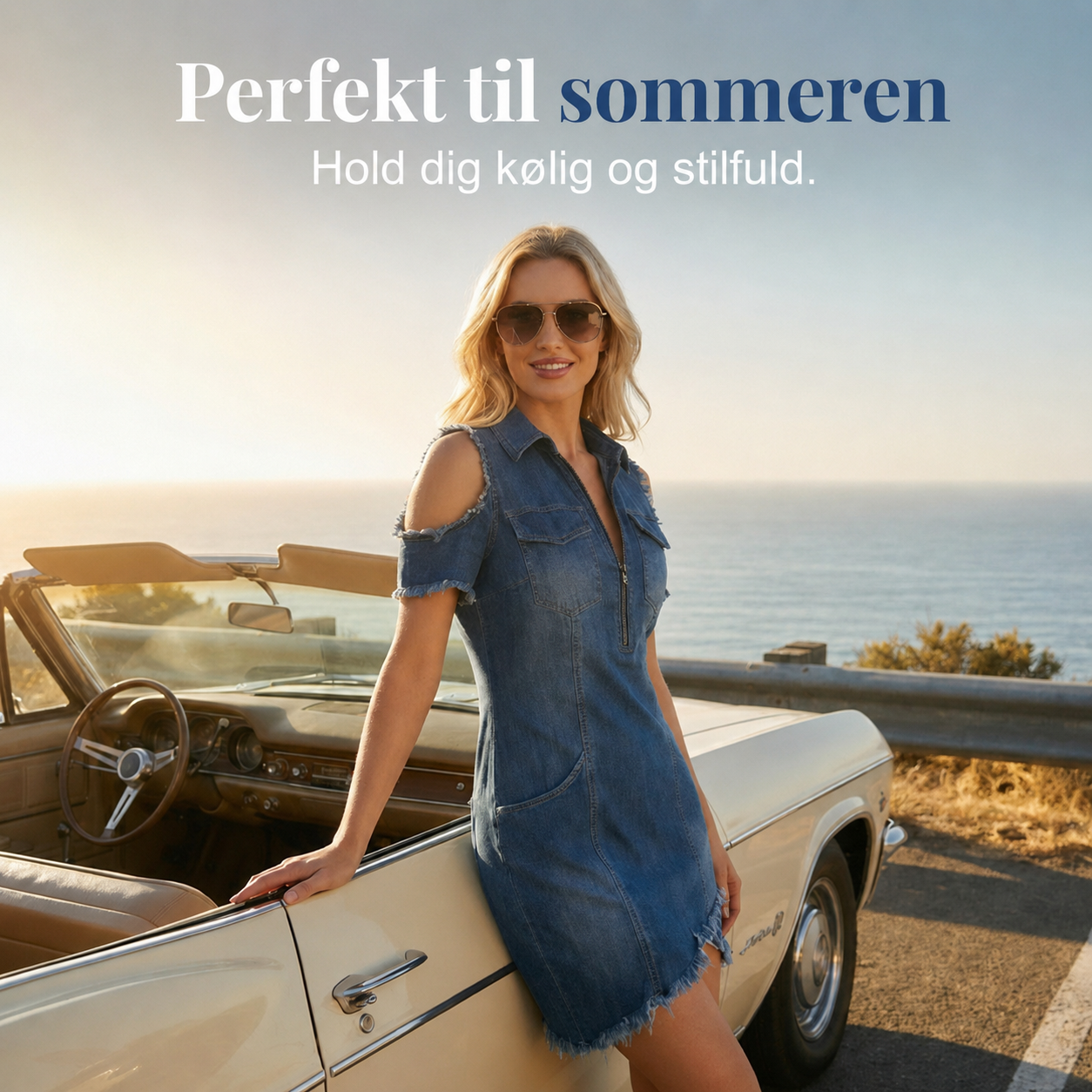 Freja | Denimkjole med V-hals og åbne skuldre