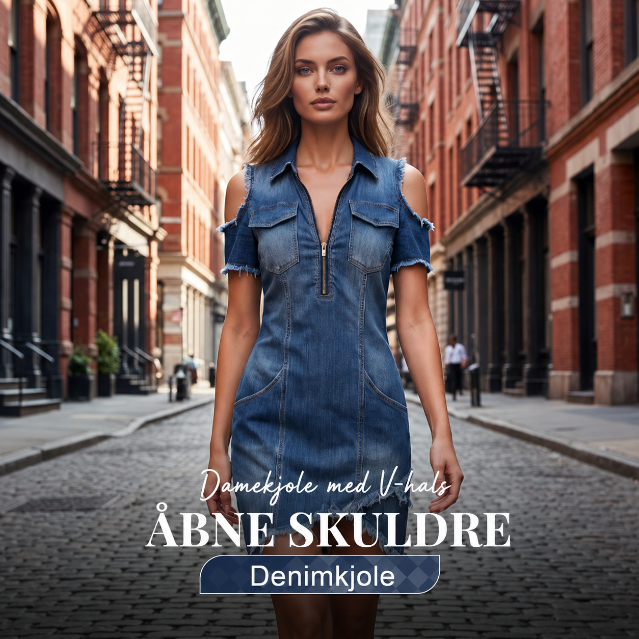 Freja | Denimkjole med V-hals og åbne skuldre