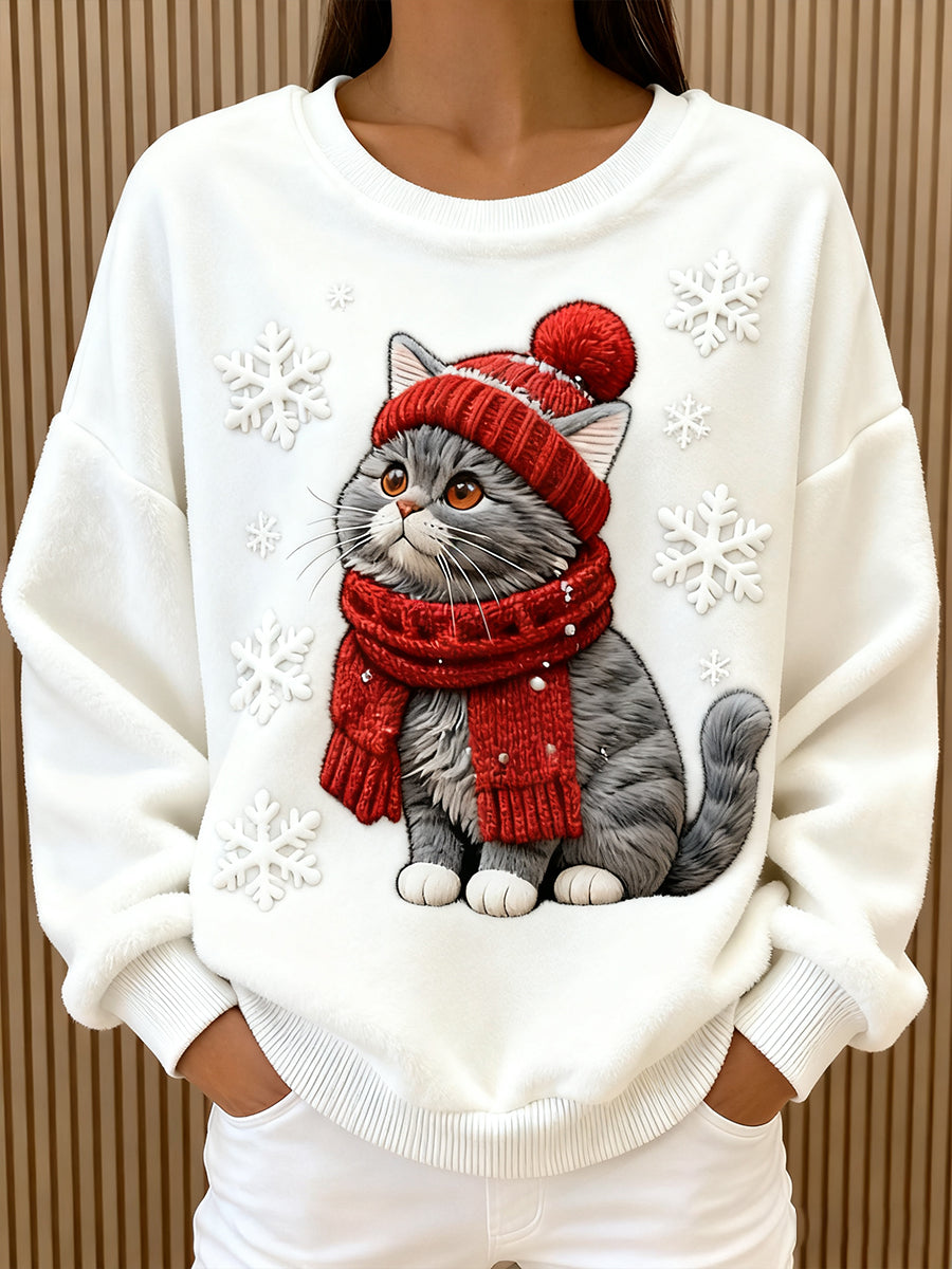 Kvinders Søde Jule Kat Kunst Print Casual Flannel Hoodie