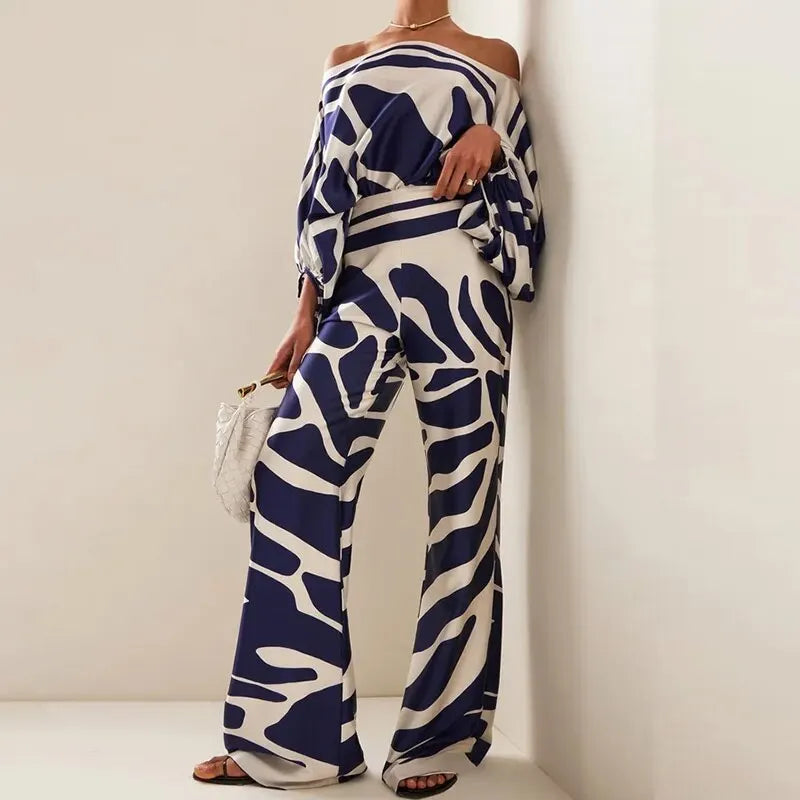 Todelt off-shoulder sæt med bølgeprint