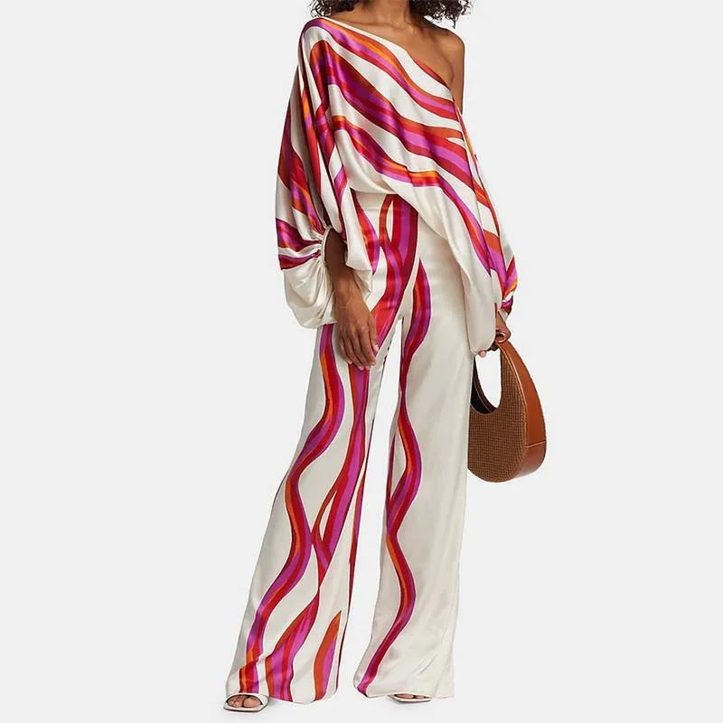 Todelt off-shoulder sæt med bølgeprint