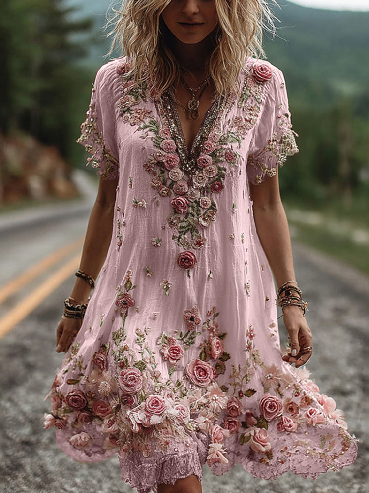 Isabella vintage kjole med blomsterbroderi