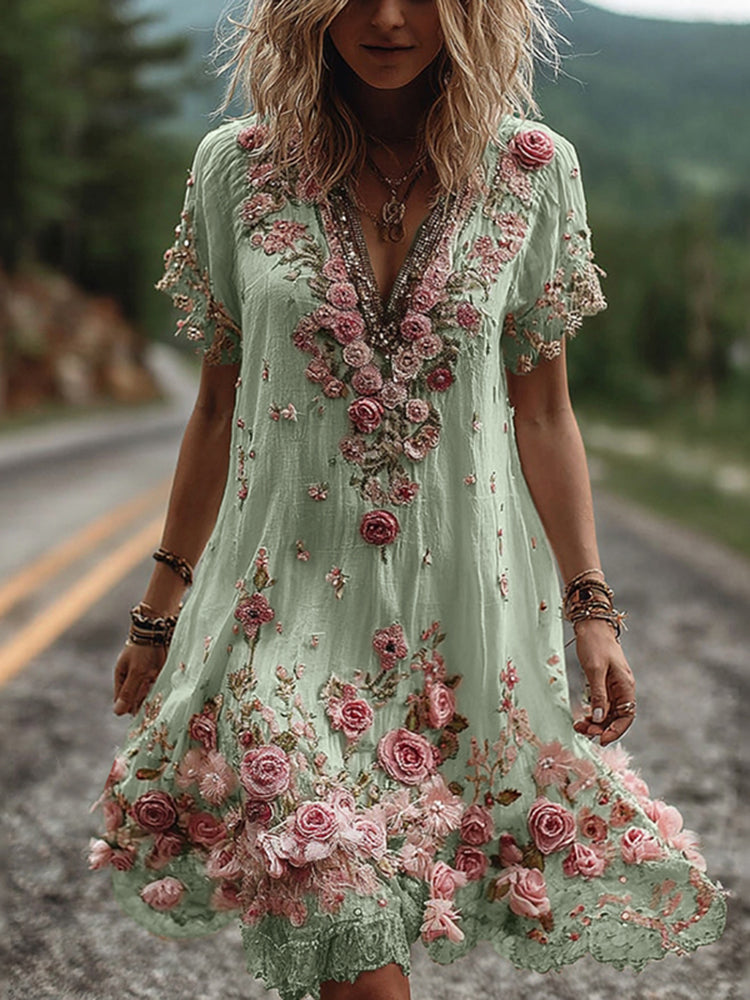 Isabella vintage kjole med blomsterbroderi