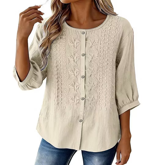 Freja | Åndbar bluse i bomuld og linned med broderi