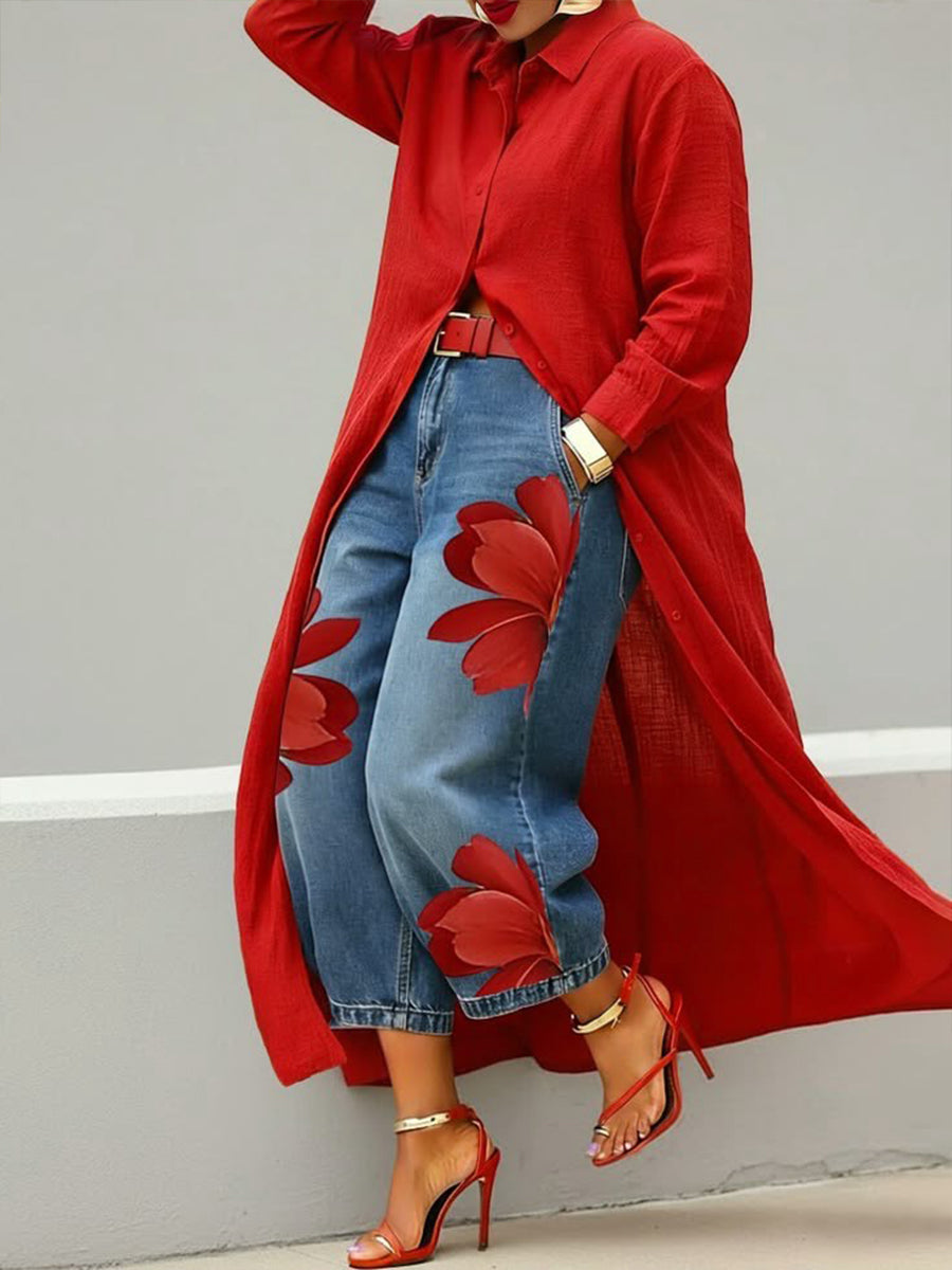 Daniella elegant kjole og blomsterprintet denim-sæt
