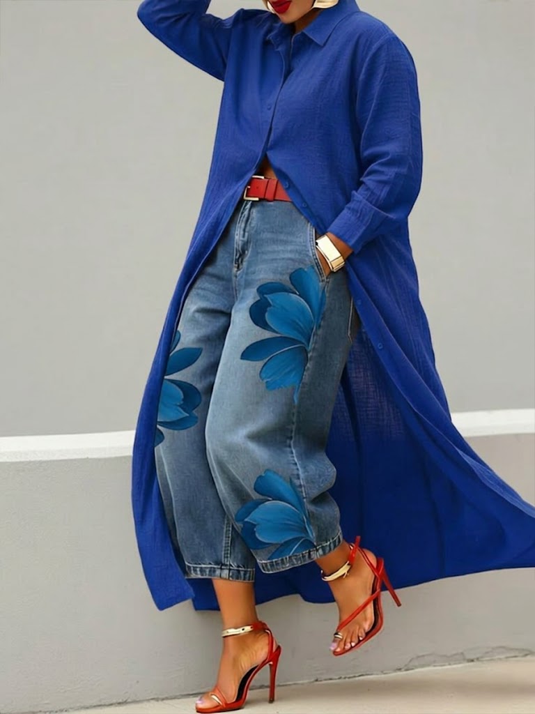 Daniella elegant kjole og blomsterprintet denim-sæt