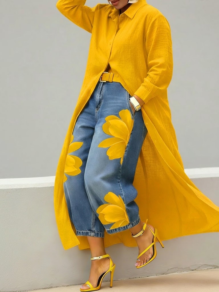 Daniella elegant kjole og blomsterprintet denim-sæt