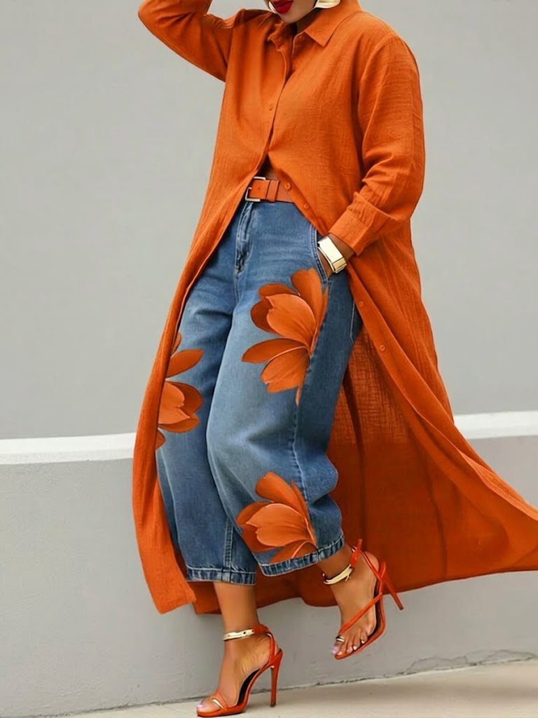 Daniella elegant kjole og blomsterprintet denim-sæt