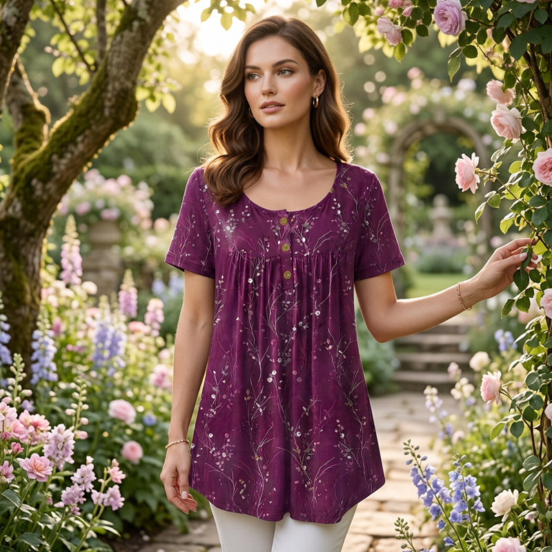Alba elegant blomstret tunikatop med plisserede detaljer