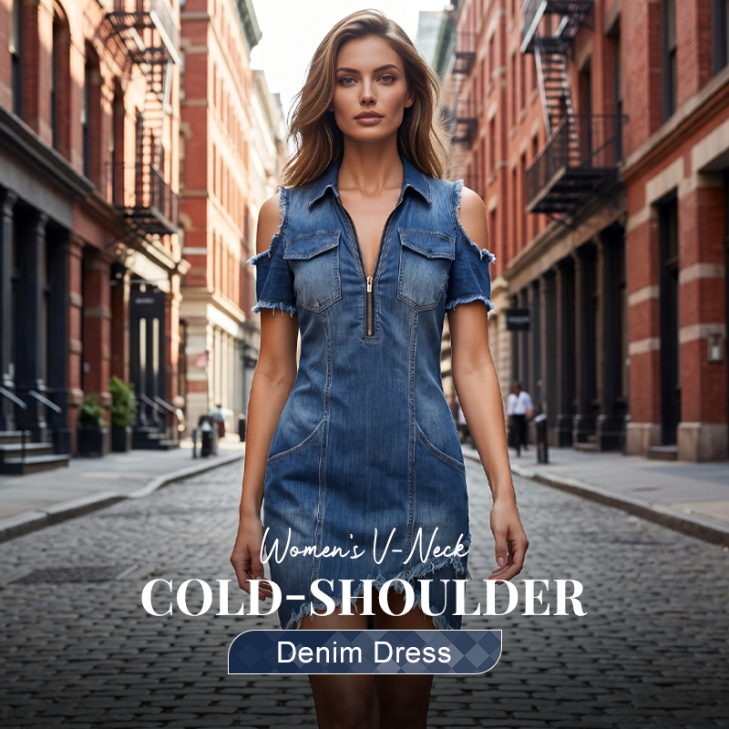 Freja | Denimkjole med V-hals og åbne skuldre - Hvid
